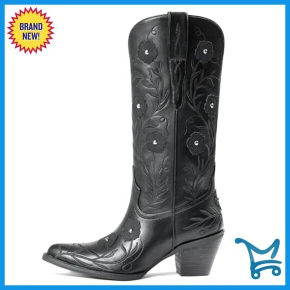 Wide Calf Knee High Western Boots Chunky Block Heel Pointed Toe Embroidered - Picture 5 of 7